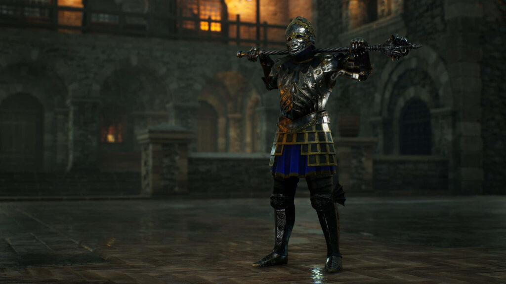 Medieval knight in full plate armor with two-handed sword in stone hall - Mordhau game setting Wallpaper