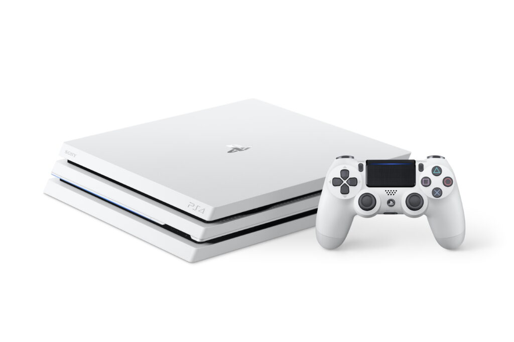 Glacier White PlayStation 4 Pro and DualShock 4 in minimalist studio 4K wallpaper background