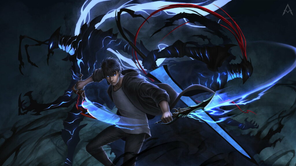 Solo Leveling Shadow Monarch Sung Jinwoo with glowing blue daggers in dark atmospheric setting Wallpaper