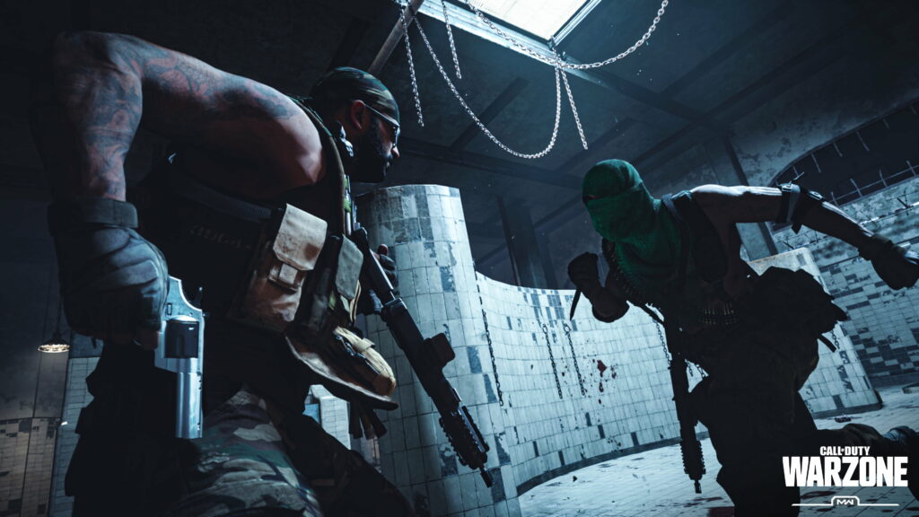 Intense close-quarters combat scene in dimly lit industrial building in Call of Duty Warzone Wallpaper