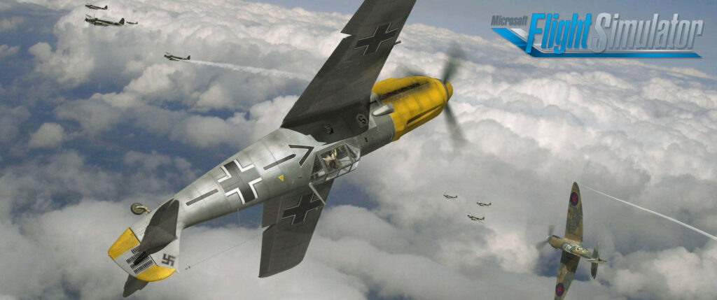 Vintage Fighter Plane Soaring Through Dramatic Sky in Microsoft Flight Simulator Wallpaper