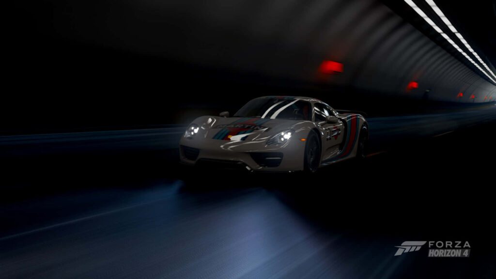 High-speed racing car with Grid Autosport graphics in tunnel, dynamic lighting effects, Forza Horizon watermark Wallpaper