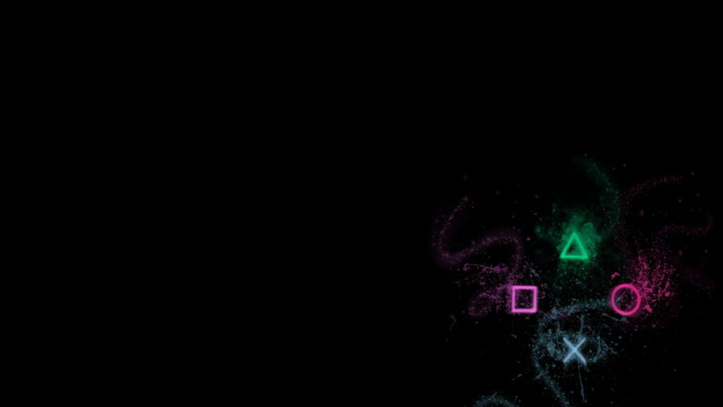 Dark PlayStation wallpaper with glowing neon controller buttons on cosmic minimalist background