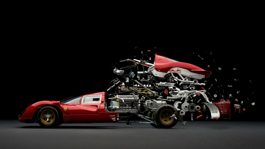 Ferrari sports car exploded view showing detailed mechanical components on dark background wallpaper