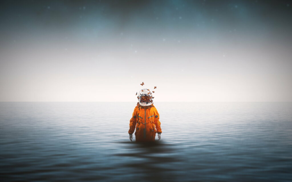 Ocean Haven: Captivating Encounter of Astronaut with Enchanting Butterfly Swarm Wallpaper