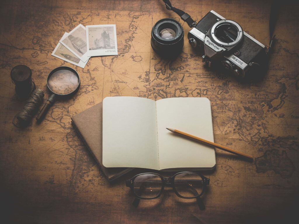 Captivating 3D Travel Wallpaper: Vintage Camera & Essentials Design