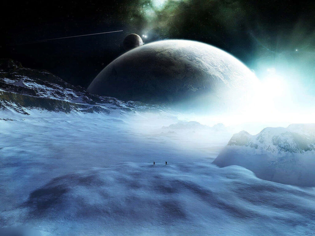 Cosmic landscape with distant planet, snow-covered terrain, and explorers under a glowing horizon. Wallpaper