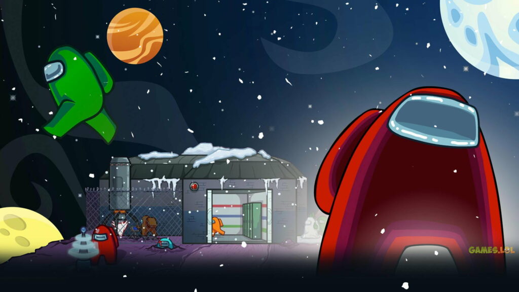 Vibrant Among Us wallpaper with colorful crewmates on icy planet under starry galaxy sky