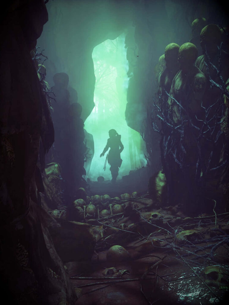 Thrilling Exploration: Lara Croft Delving into a Bone-Chilling Realm Wallpaper