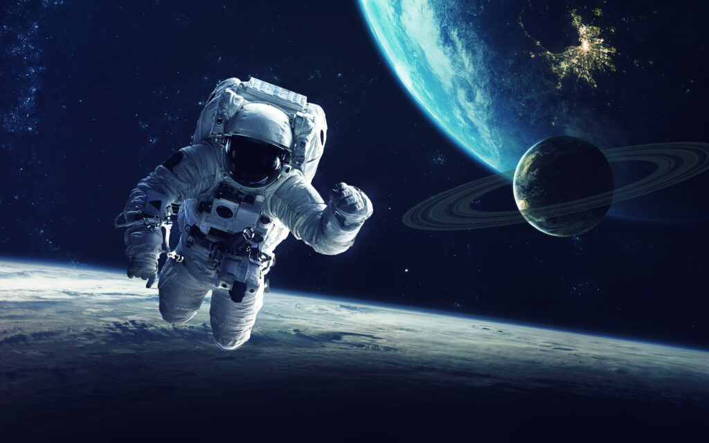 4K digital art of astronaut drifting in deep space near glowing Earth-like planet and ringed world Wallpaper