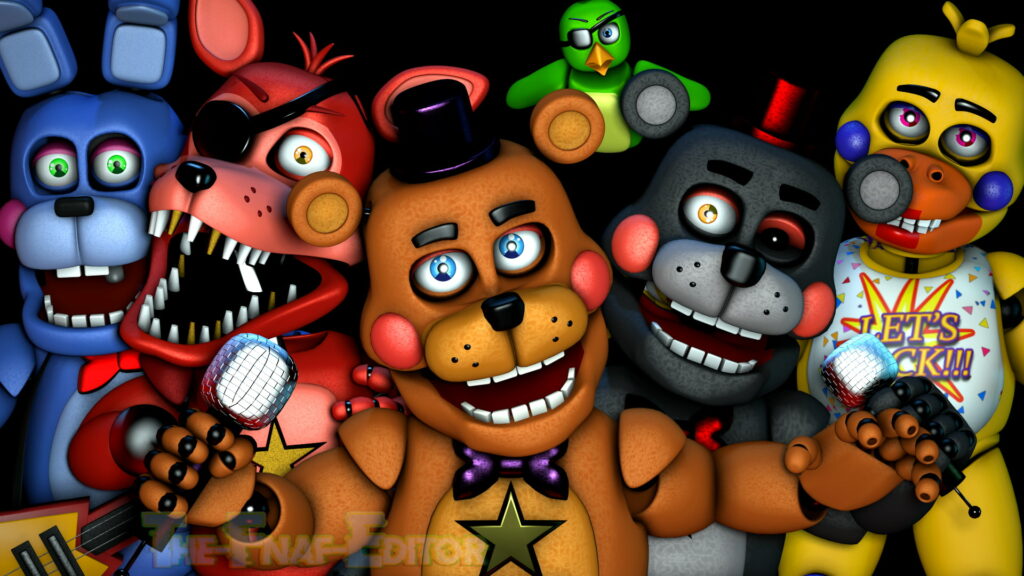 High-definition 3D Five Nights at Freddys Pizzeria Simulator animatronics on black background Wallpaper