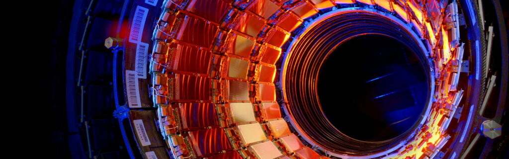 Large Hadron Collider CMS detector multi-display wallpaper glowing orange and blue layers background