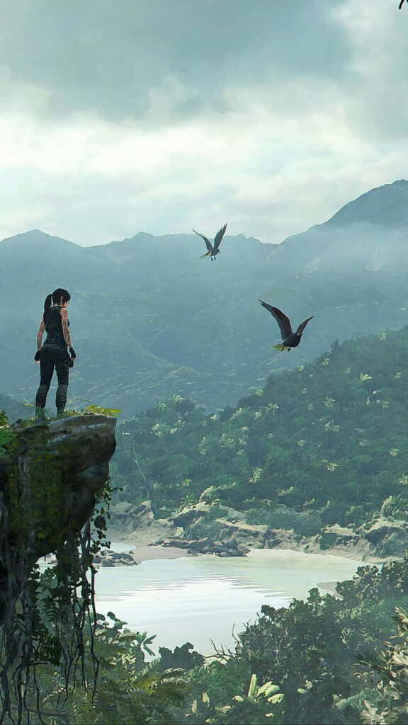 Adventure Awaits: Majestic Mountainscape featuring Lara Croft from Rise of the Tomb Raider Wallpaper