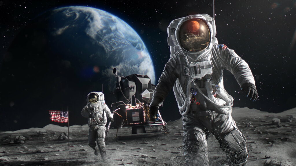 Into the Cosmic Odyssey: A Captivating Journey of Astronauts on the Moon Wallpaper
