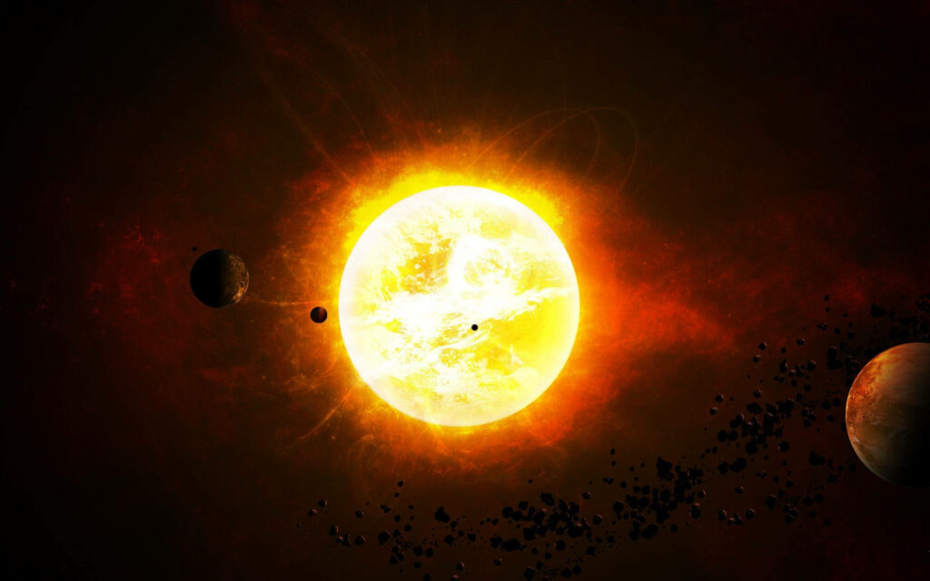 Exploring the Cosmic Flames: Fiery Sun and Planets Wallpaper