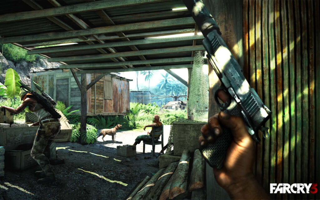 First-person perspective gameplay in Far Cry 3 with pistol-wielding player and enemy in tropical setting Wallpaper