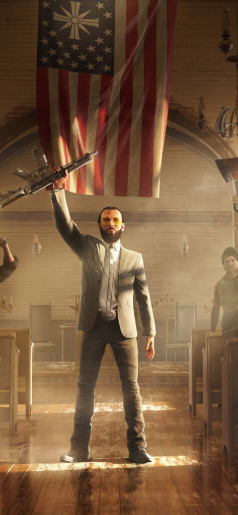 Far Cry 5 inspired character with American flag backdrop in church setting Wallpaper in QHD 2K 1125x2436 Resolution