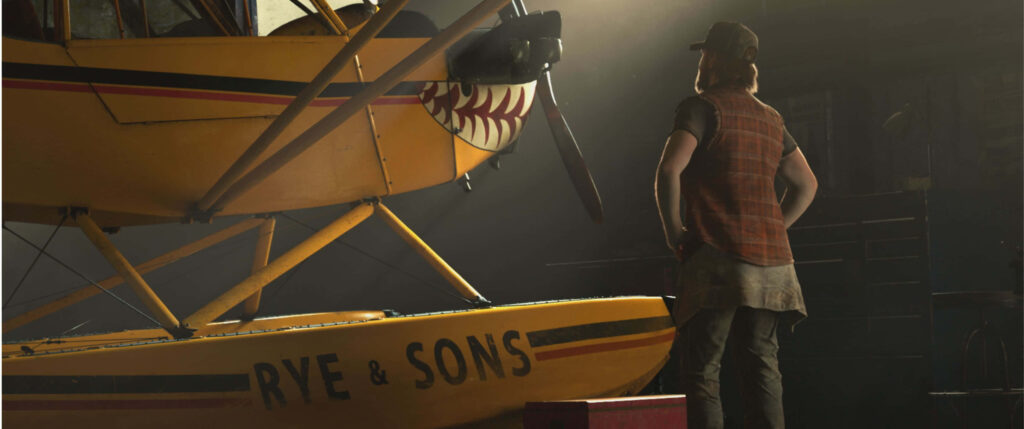 Far Cry 5 character at RYE & SONS seaplane in dramatic lighting Wallpaper in UHD 4K 3440x1440 Resolution