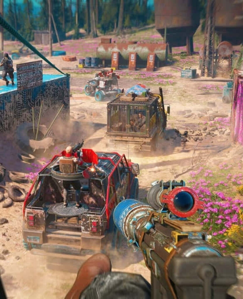 Far Cry New Dawn: Intense Post-Apocalyptic Gameplay with Custom Weapon in Colorful Environment Wallpaper