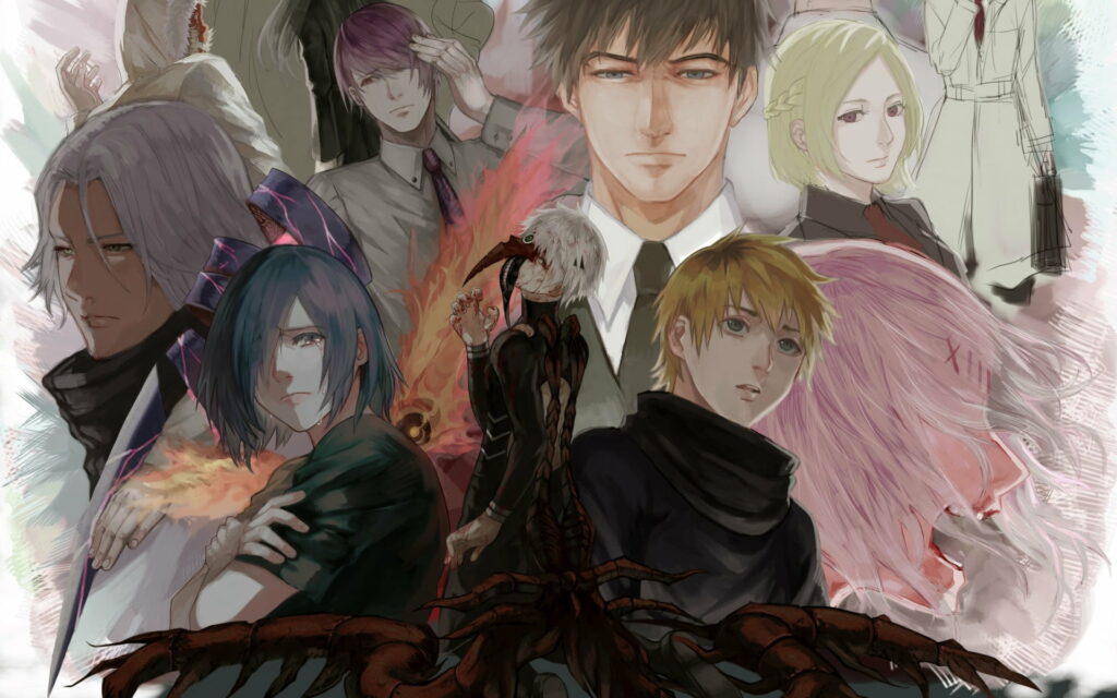 Gorgeous Tokyo Ghoul Artwork Showcasing All Characters Including Ken Kaneki and Touka Kirishima – Jaw-dropping HD Manga Wallpaper Background