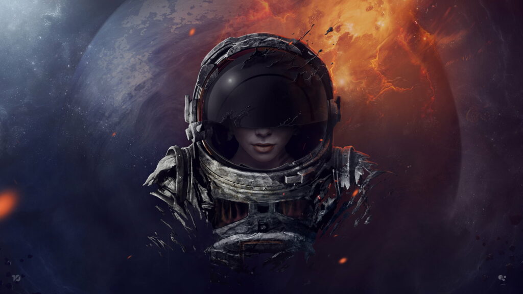 QHD digital astronaut illustration with weathered helmet and vibrant orange blue cosmic nebula background Wallpaper