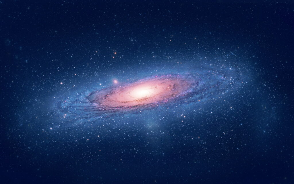 Mac OS X Lion wallpaper featuring glowing Andromeda Galaxy spiral on starry blue background