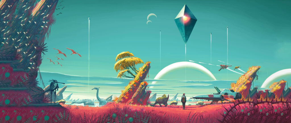 Exploring an Exotic Paradise: No Man's Sky 4k Ultra Widescreen Backdrop of a Tropical Wonderland with Majestic Flying Planes and Exotic Fauna Wallpaper