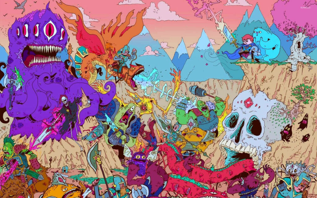 Colorful Adventure Time Characters Battle Bizarre Monsters in Psychedelic Landscape Wallpaper