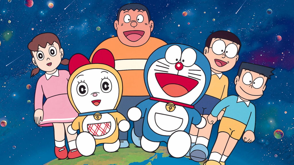 Doraemon and friends explore a vibrant starry galaxy in colorful anime wallpaper background