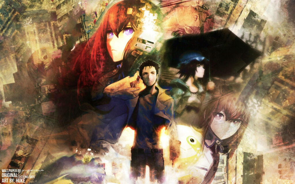 Delve into the Enigma of Steins Gate with this Mesmerizing and Enthralling Artwork showcasing Intricate Elements and an Enigmatic Amethyst Tint Wallpaper