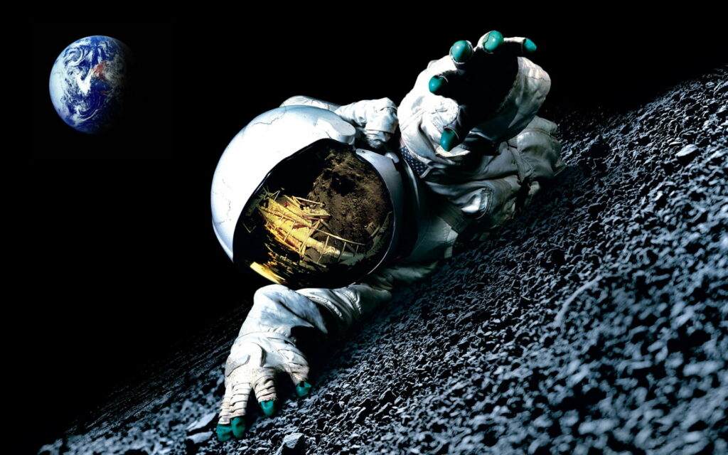 Astronaut gazes at Earth from lunar surface in HD wallpaper.