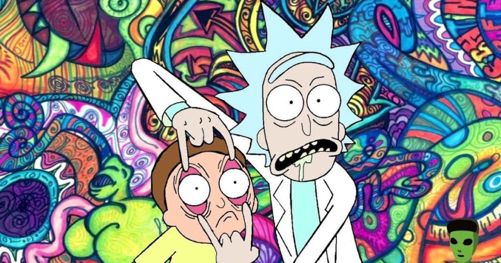 Experiencing the Cosmic Livewire: Vibrant Rick and Morty Backwoods Journey Wallpaper