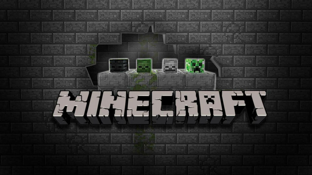 Pixelated Adventure: Creepers Emerge from Minecraft Logo on Damaged Wall Wallpaper