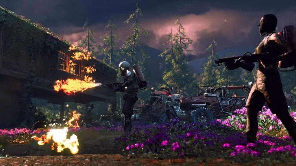 Intense action scene in Far Cry New Dawn with flamethrower and gun amidst chaos Wallpaper