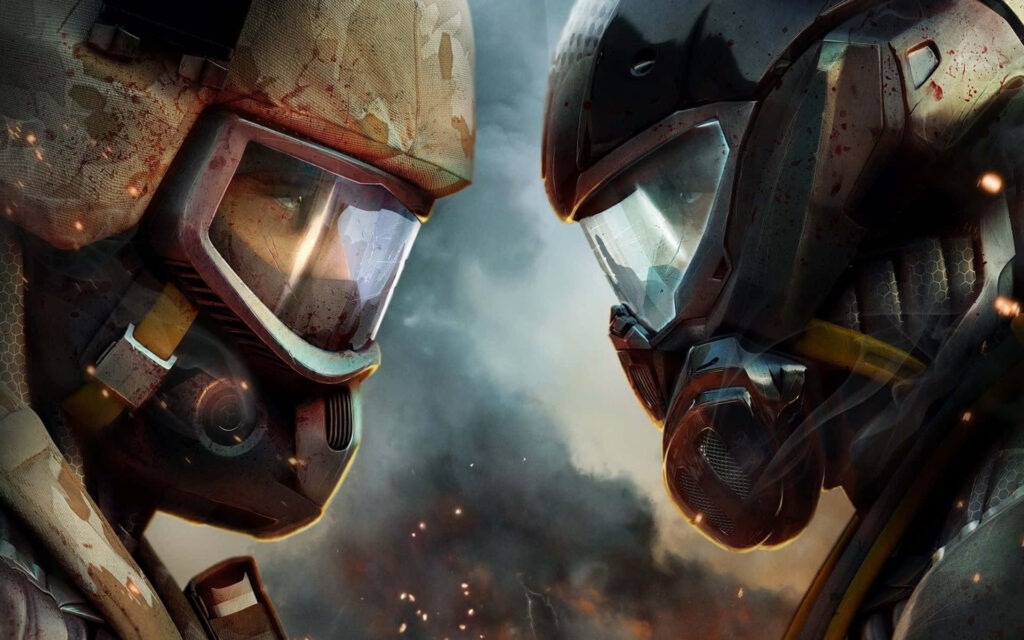 Crysis 3 wallpaper with intense nanosuit characters in futuristic battlefield
