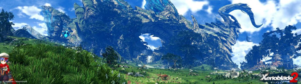 Vibrant Vistas: Majestic Peaks and Lush Meadows in the Xenoblade Chronicles 2 Gamescape Wallpaper