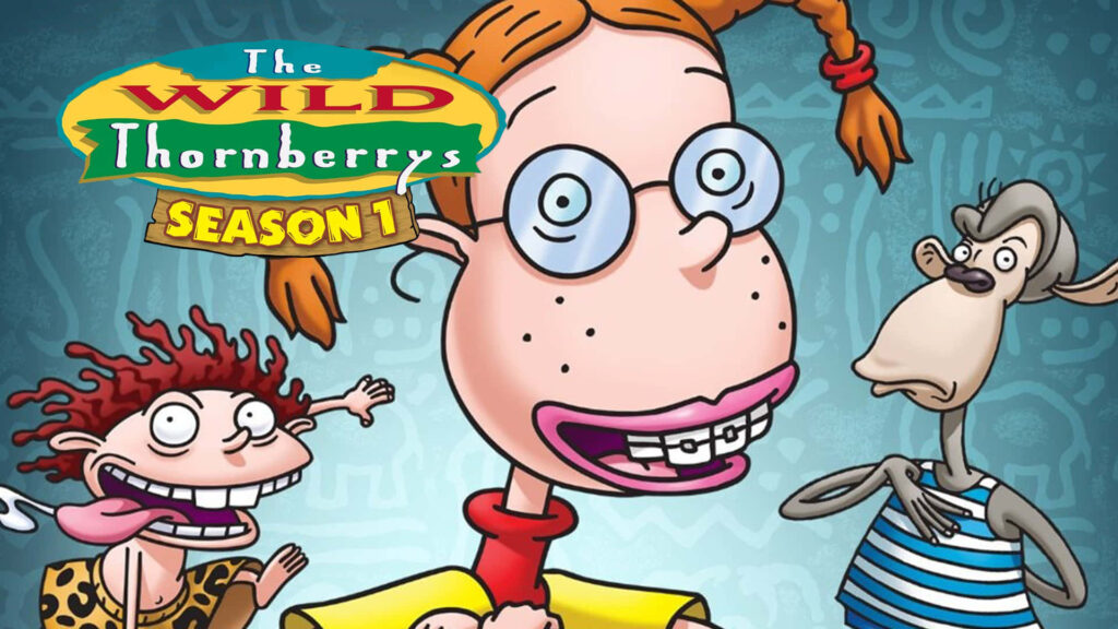 Embark on a Jungle Adventure with Eliza, Donnie, and Darwin - The Wild Thornberrys Season 1 Poster with Mesmerizing Blue Abstract Background Wallpaper
