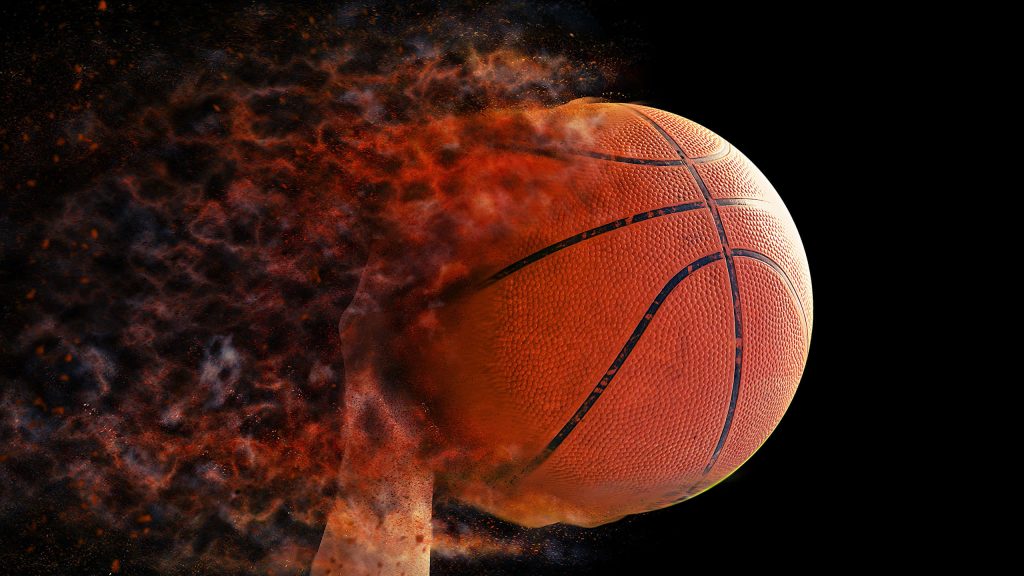 3D basketball with fiery embers and smoke on black background dynamic slam dunk wallpaper