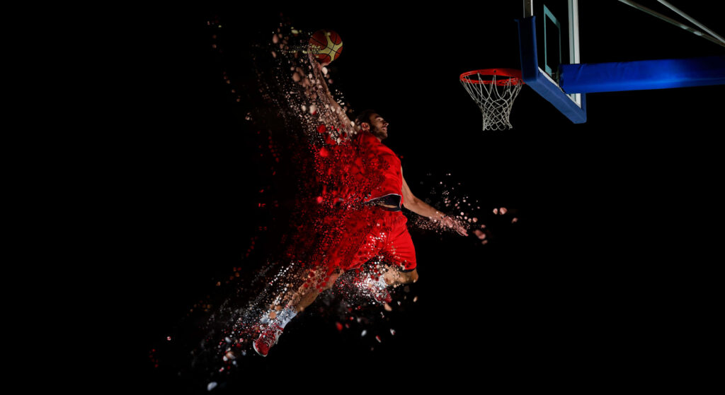 Dynamic 4K Basketball Dunk Wallpaper with Intense Particle Effects