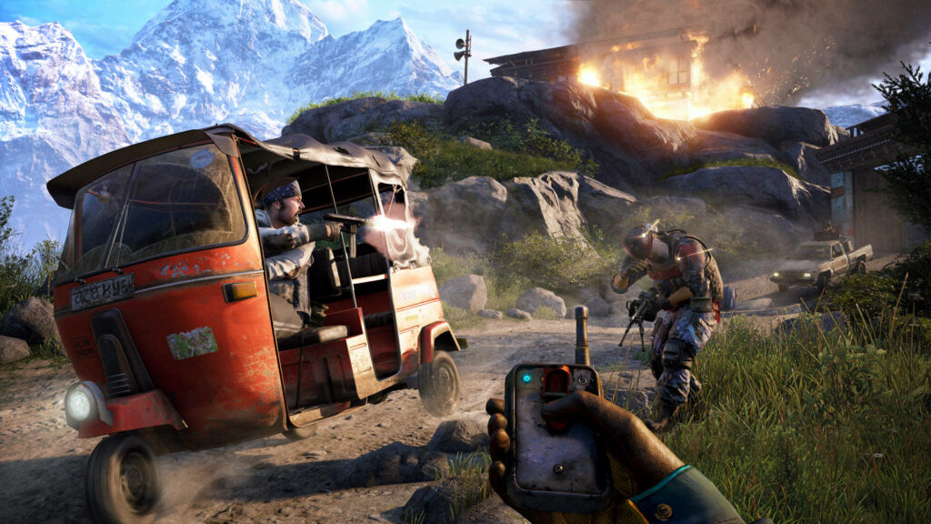 A Thrilling Far Cry 4 Mobile Wallpaper: Explosive Detonator in Hand, Hurk Drubman Jr. Wreaks Havoc from a Moving Van Amidst Clashes with the Royal Army