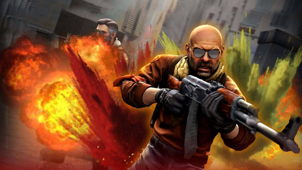 High Definition Action Shot: Tactical Gamer Engaged in Intense Counter-Strike Battle Amid Vibrant Explosions Wallpaper