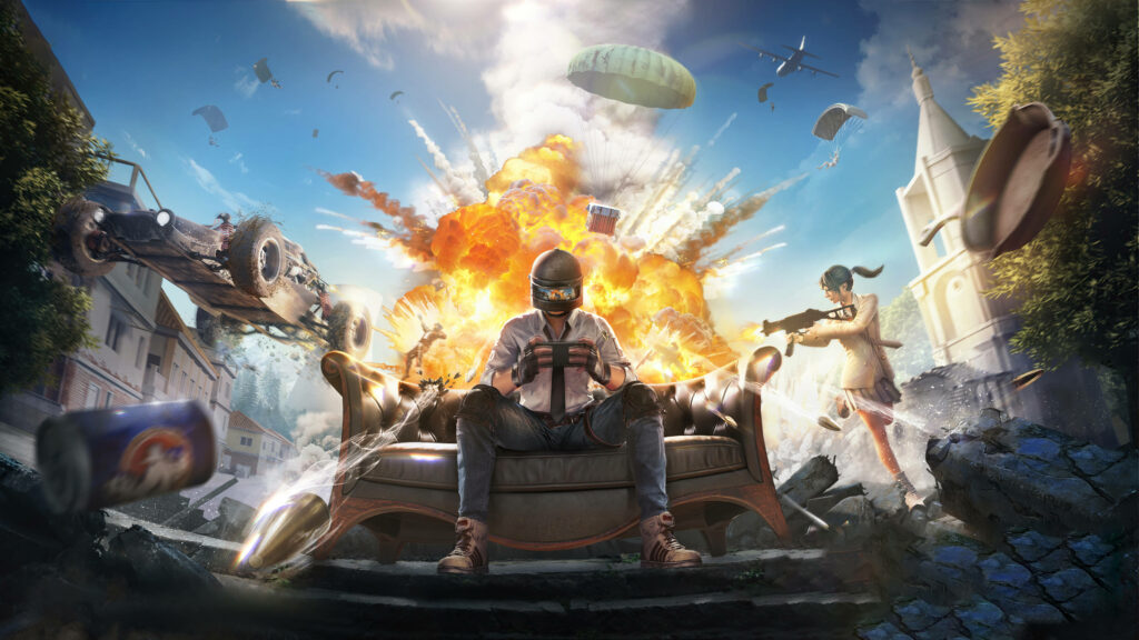 Explosive Mobile Mayhem: Pubg Squad's Thrilling Haptics Experience with Victor and Squad on an Explosion-Filled Backdrop Wallpaper