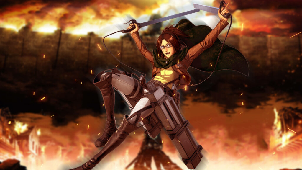 Blazing Battle: Hange's Daring Aerial Maneuver in the Attack on Titan Video Game - Epic 4k Background Wallpaper