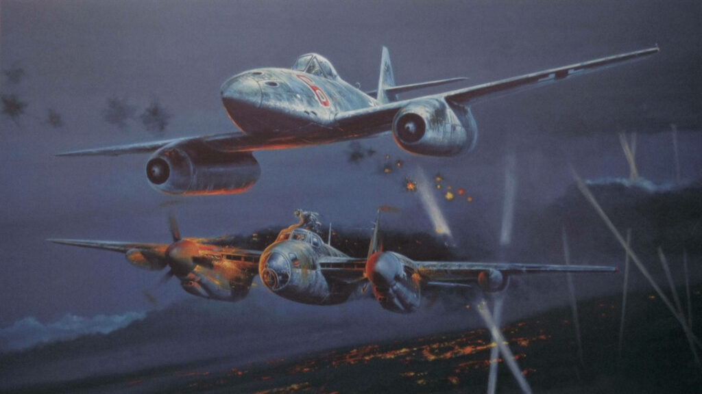 Explosive Skies: Dueling Messerschmitts in WW2 Wallpaper