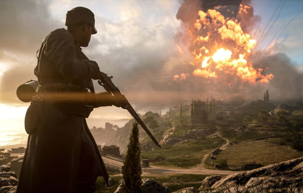 Furious Battlefield Engagements: A Striking Visual with an Armed Soldier and Massive Explosions in the Battlefield 1 Video Game Wallpaper