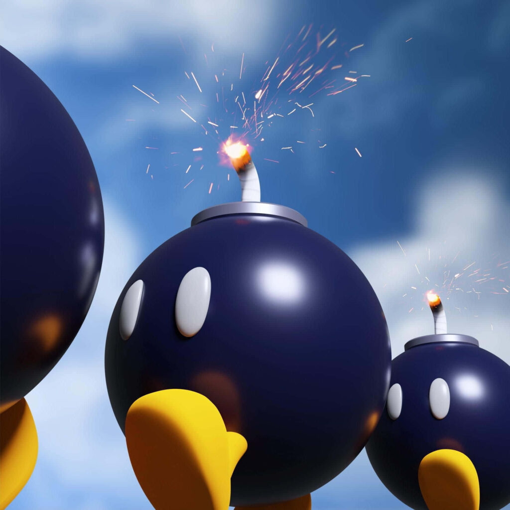Bob-omb character with lit fuse on vibrant colorful background dynamic gaming wallpaper design
