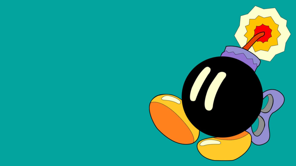 Classic Mario Bob-omb with lit fuse on bold teal background vibrant gaming wallpaper design