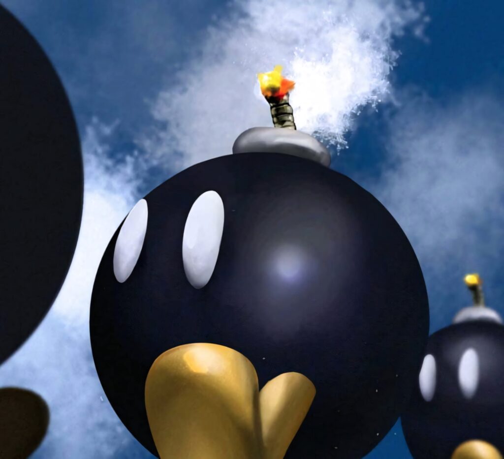 Bob-omb with smoke billowing from fuse against dynamic sky explosive playful wallpaper background