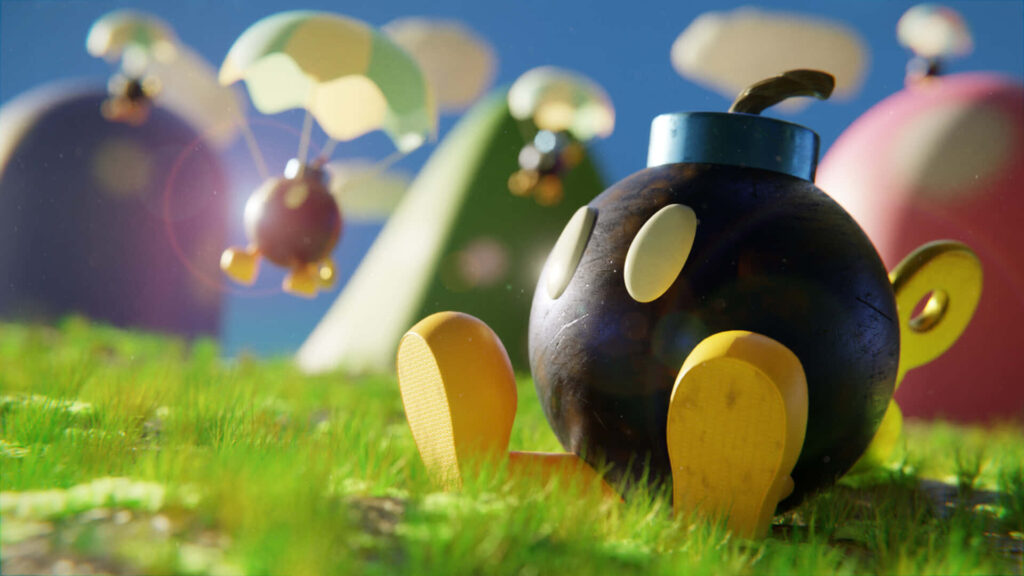 Bob-omb character on green grass with parachuting Bob-ombs and colorful Super Mario hills background Wallpaper