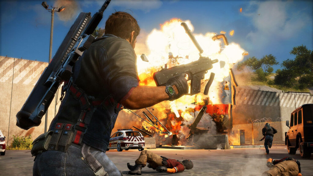 Explosive Chaos: Unleashing Havoc in Just Cause 2's Intense Gunfight Scene Wallpaper